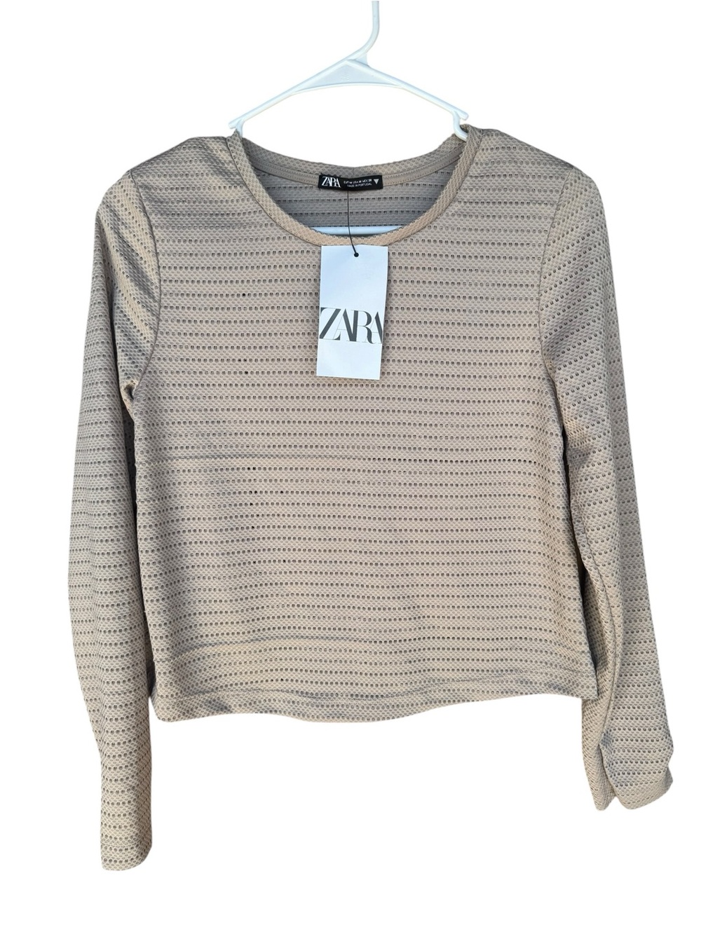 Zara Beige Long Sleeve Pointelle Crew Top